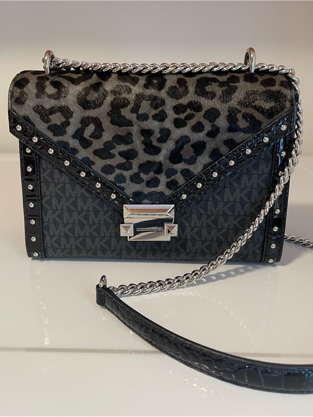 Michael Kors Whitney Medium Signature Black Leopard-Print Chain Crossbody Bag